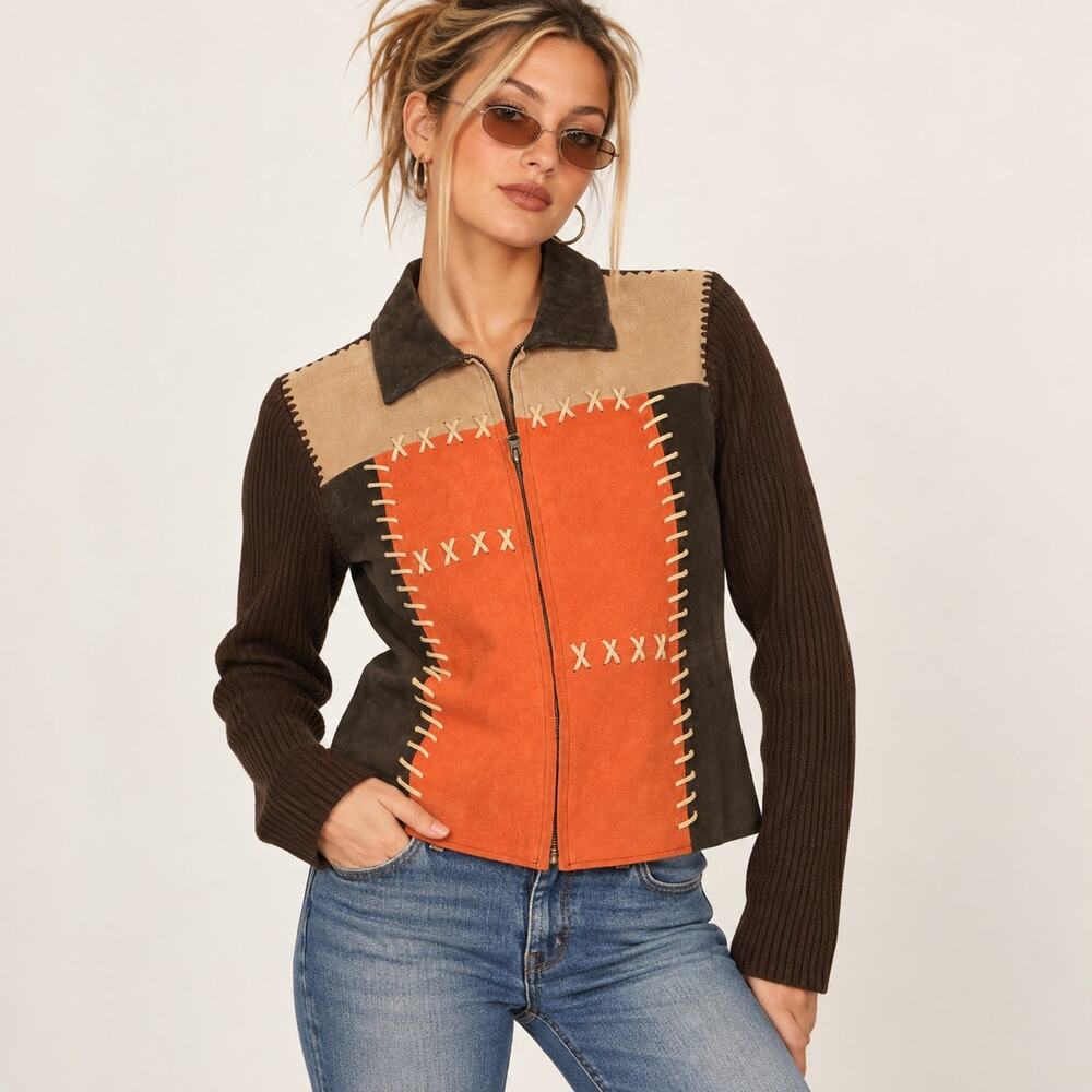 Vtg Y2K Studio Works Petite L Suede Leather Patchwork Zip Sweater Jacket Boho